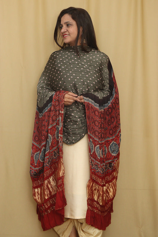 Elegant Grey Bandhani Modal Gajji Silk Dupatta - Luxurion World