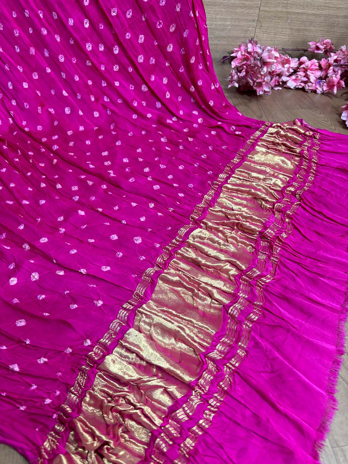 Stunning Pink Bandhani Modal Gajji Silk Dupatta - Luxurion World
