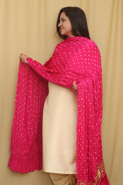 Stunning Pink Bandhani Modal Gajji Silk Dupatta - Luxurion World