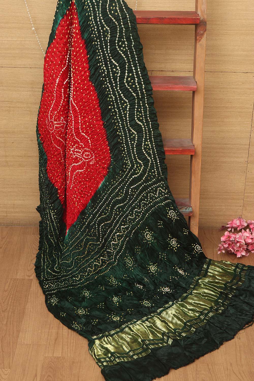Vibrant Bandhani Modal Gajji Silk Dupatta in Red and Green - Luxurion World