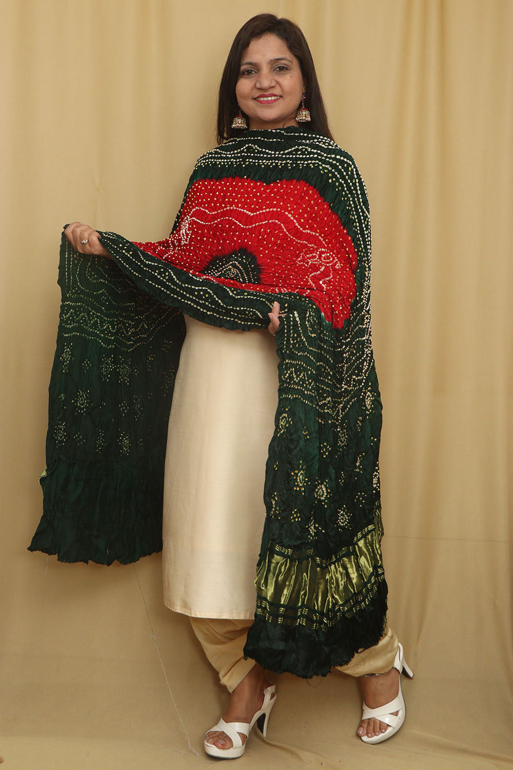 Vibrant Bandhani Modal Gajji Silk Dupatta in Red and Green - Luxurion World