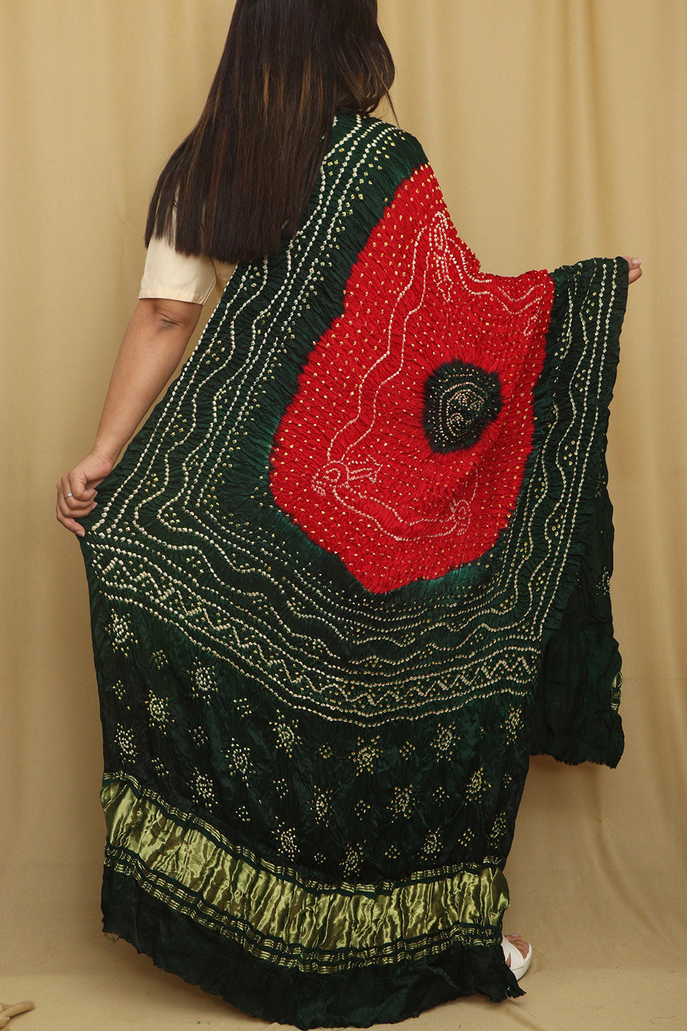 Vibrant Bandhani Modal Gajji Silk Dupatta in Red and Green - Luxurion World