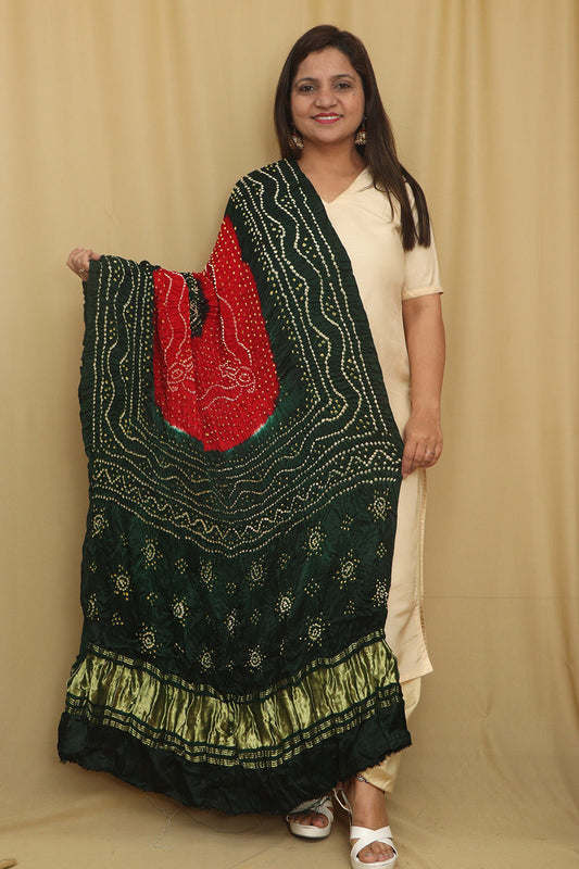 Vibrant Bandhani Modal Gajji Silk Dupatta in Red and Green - Luxurion World
