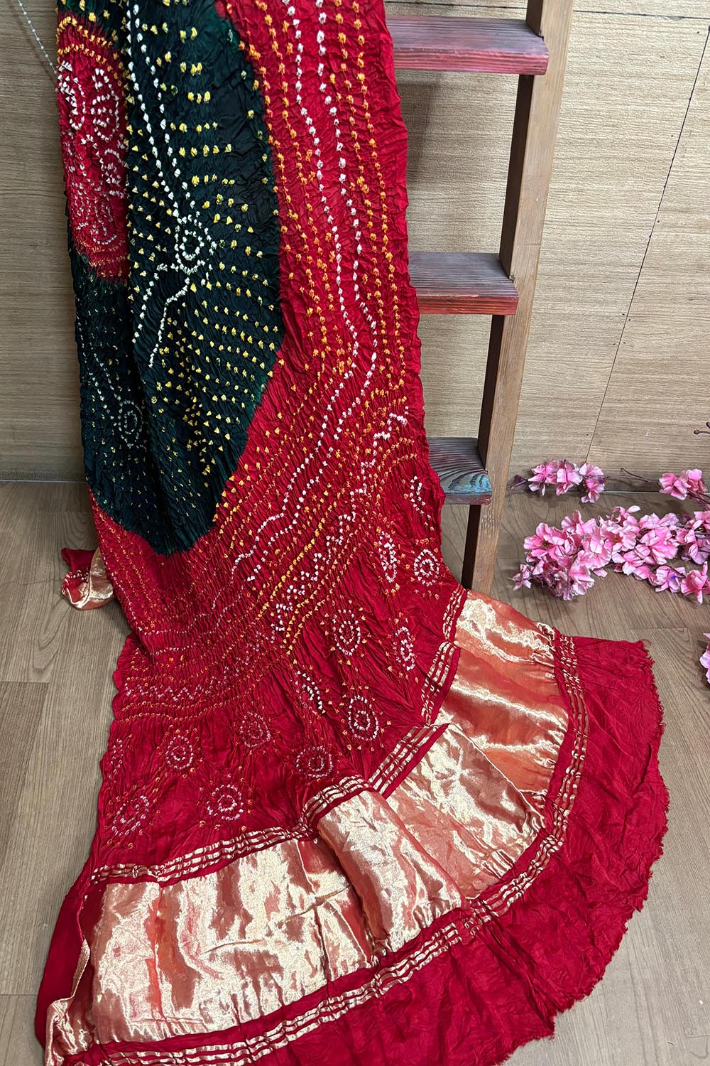 Stunning Red & Black Bandhani Modal Gajji Silk Dupatta - Luxurion World