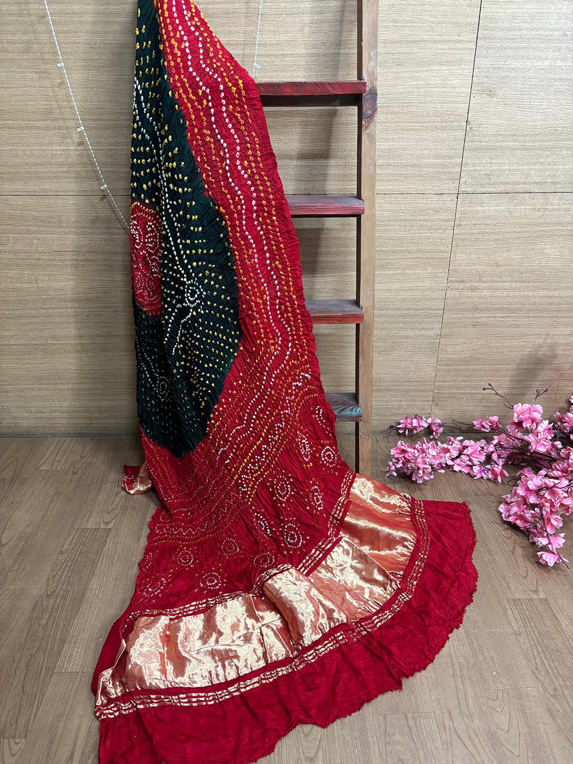 Stunning Red & Black Bandhani Modal Gajji Silk Dupatta - Luxurion World