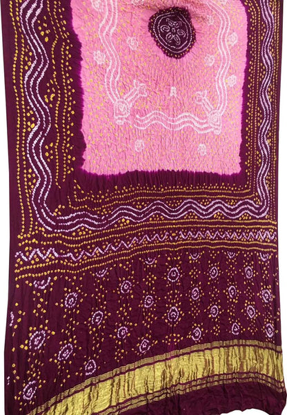 Pink & Maroon Bandhani Gajji Silk Dupatta - Luxurion World