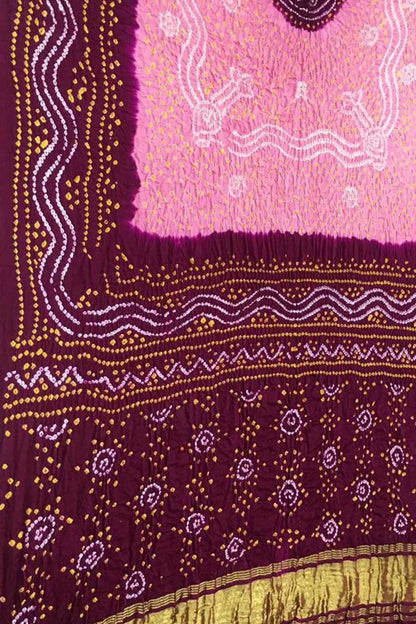 Pink & Maroon Bandhani Gajji Silk Dupatta - Luxurion World