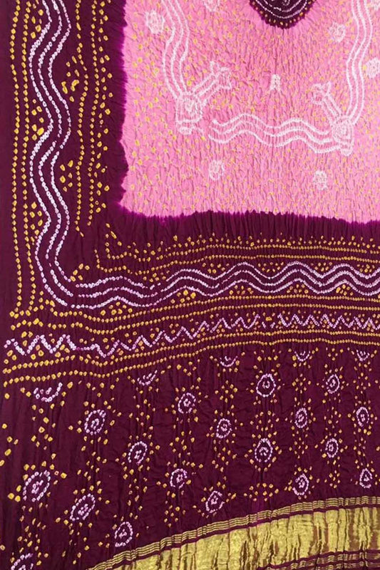 Pink & Maroon Bandhani Gajji Silk Dupatta - Luxurion World