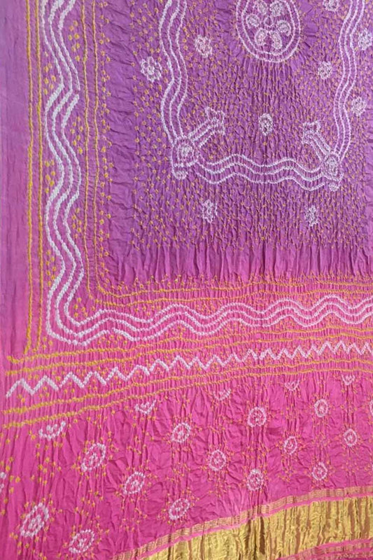 Purple And Pink Bandhani Pure Gajji Silk Dupatta - Luxurion World
