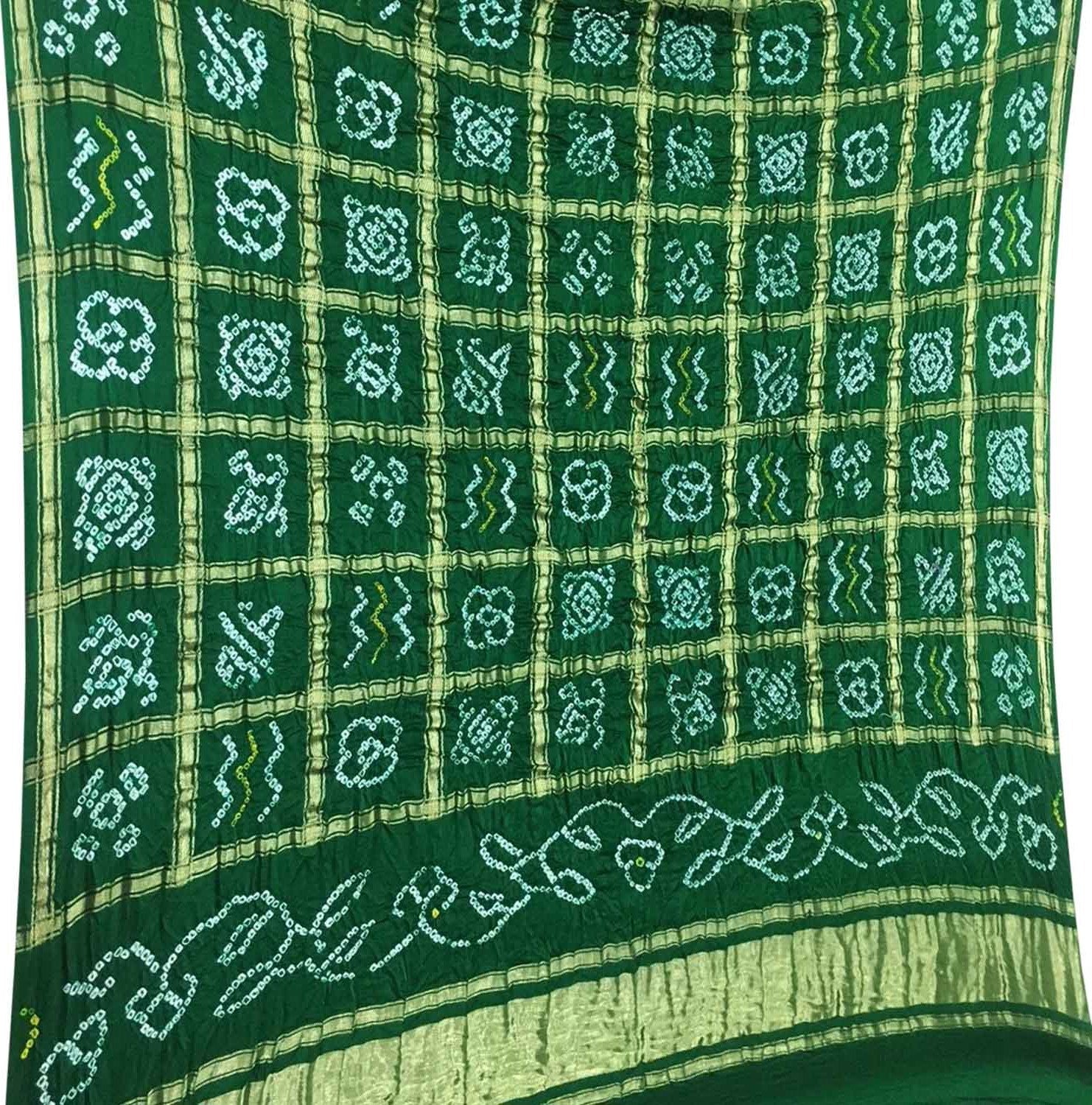 Green Bandhani Pure Gajji Silk Checks Dupatta - Luxurion World- Crafted Heirlooms