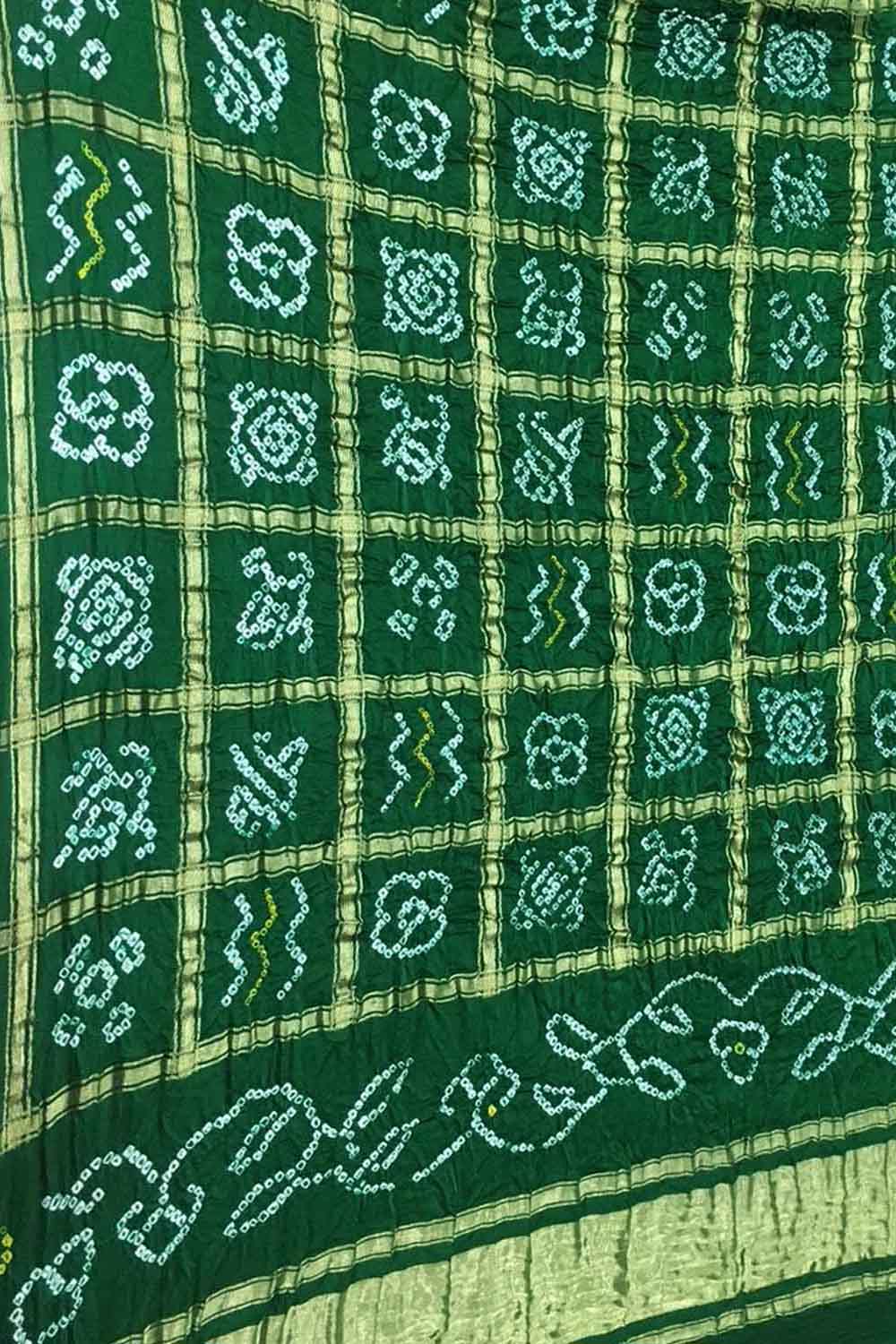 Green Bandhani Pure Gajji Silk Checks Dupatta - Luxurion World- Crafted Heirlooms