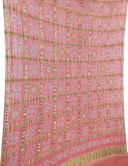 Pink Bandhani Pure Gajji Silk Checks Dupatta - Luxurion World