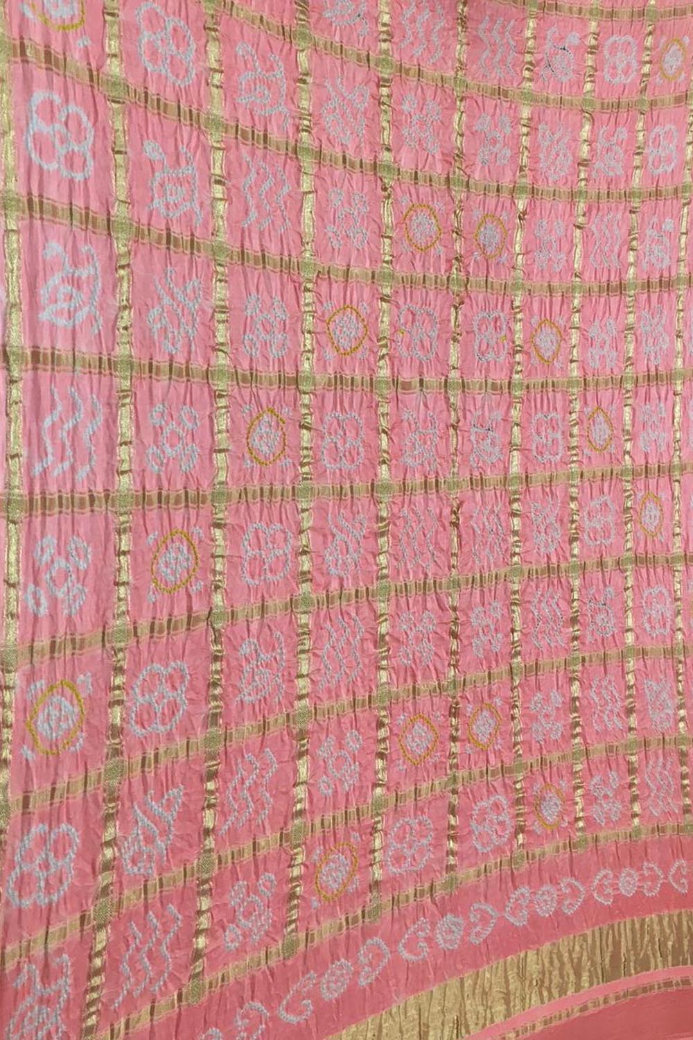 Pink Bandhani Pure Gajji Silk Checks Dupatta - Luxurion World