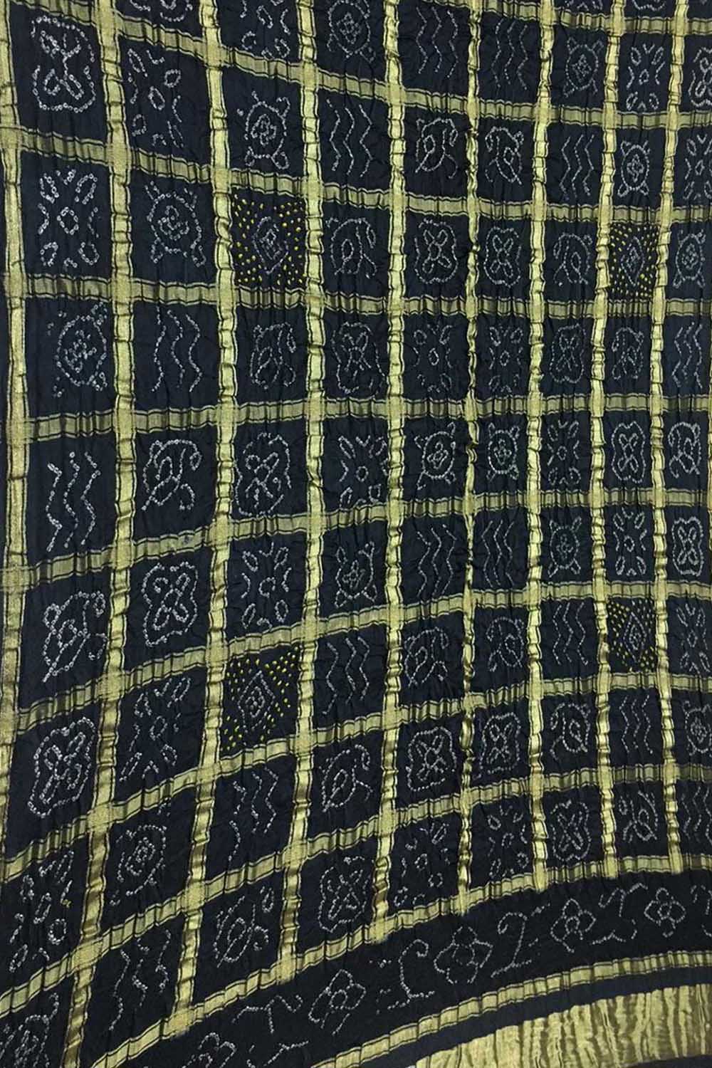 Black Bandhani Pure Gajji Silk Checks Dupatta - Luxurion World- Crafted Heirlooms
