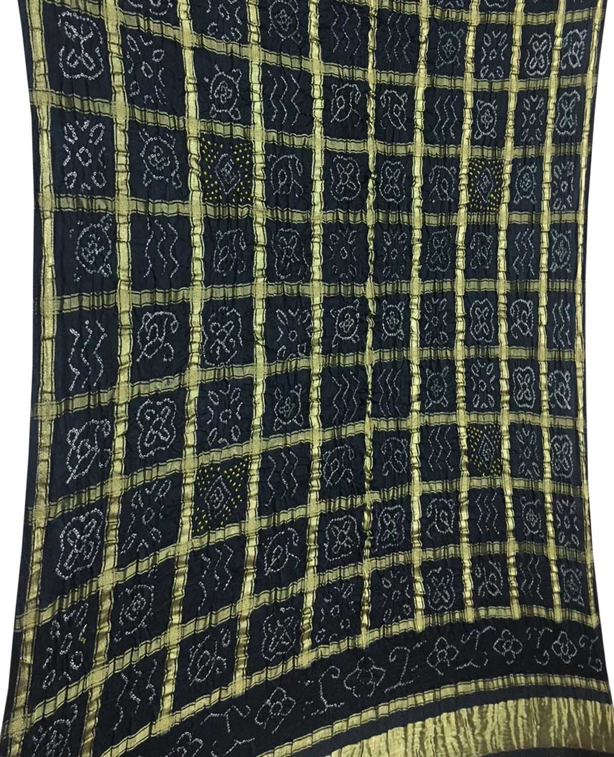 Black Bandhani Pure Gajji Silk Checks Dupatta - Luxurion World- Crafted Heirlooms