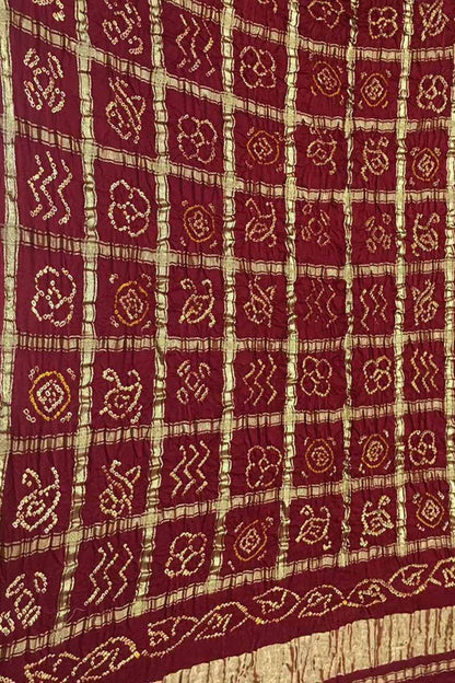 Maroon Bandhani Pure Gajji Silk Checks Dupatta - Luxurion World