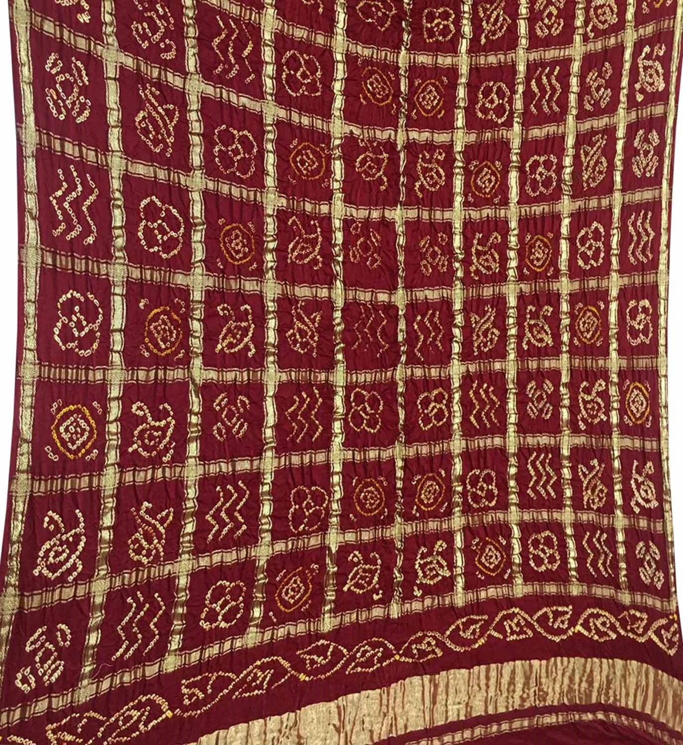 Maroon Bandhani Pure Gajji Silk Checks Dupatta - Luxurion World