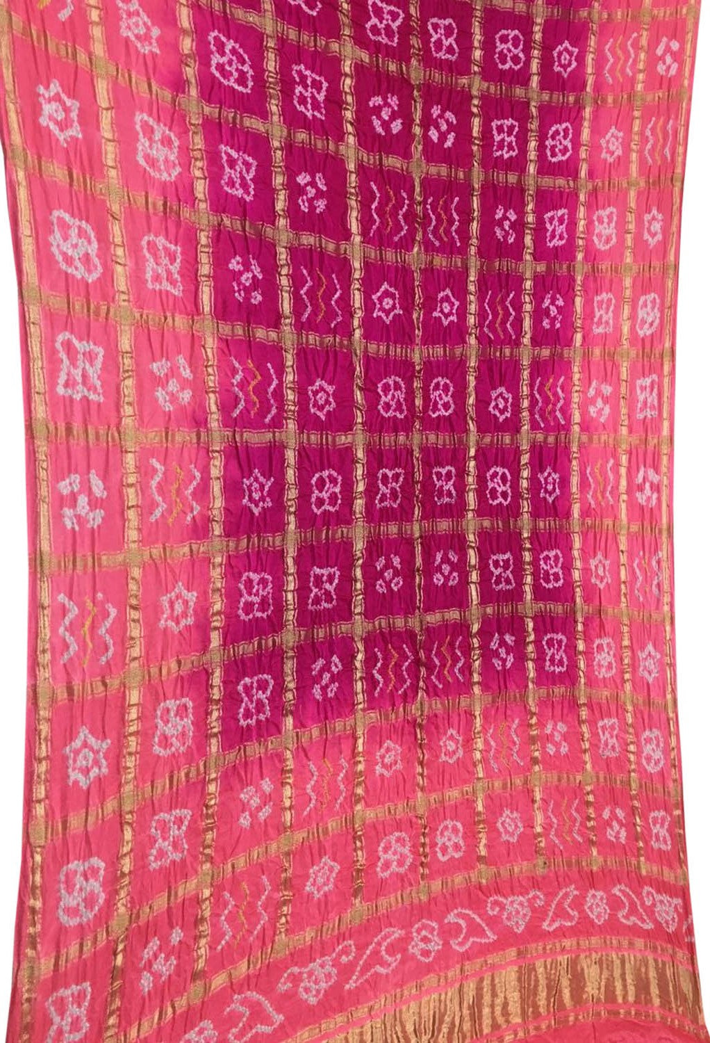 Pink Bandhani Pure Gajji Silk Checks Dupatta - Luxurion World