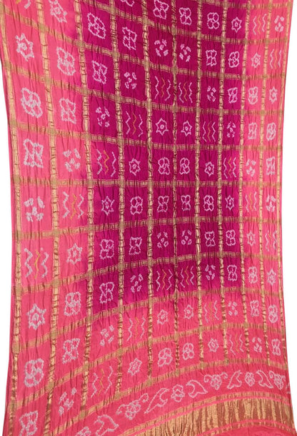 Pink Bandhani Pure Gajji Silk Checks Dupatta - Luxurion World
