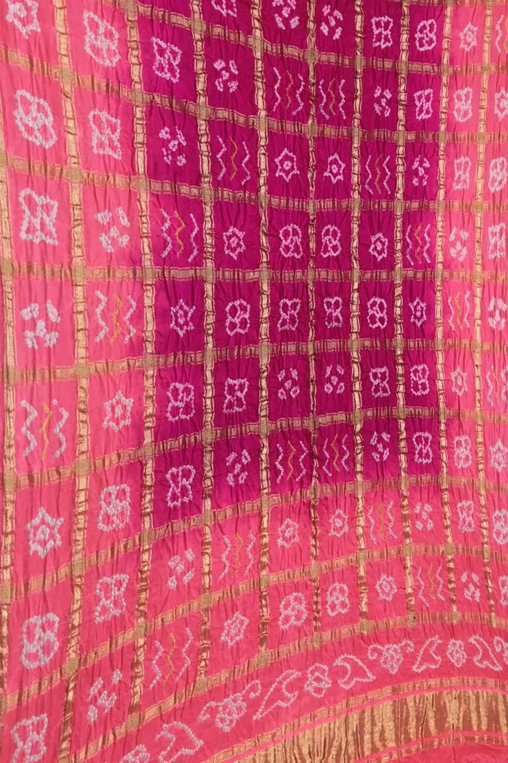 Pink Bandhani Pure Gajji Silk Checks Dupatta - Luxurion World- Crafted Heirlooms