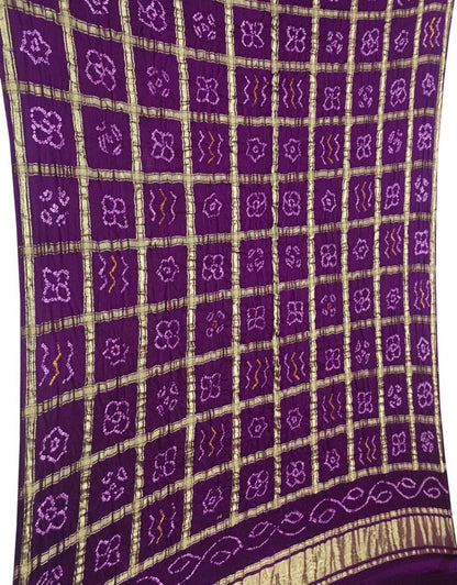 Purple Bandhani Pure Gajji Silk Checks Dupatta - Luxurion World