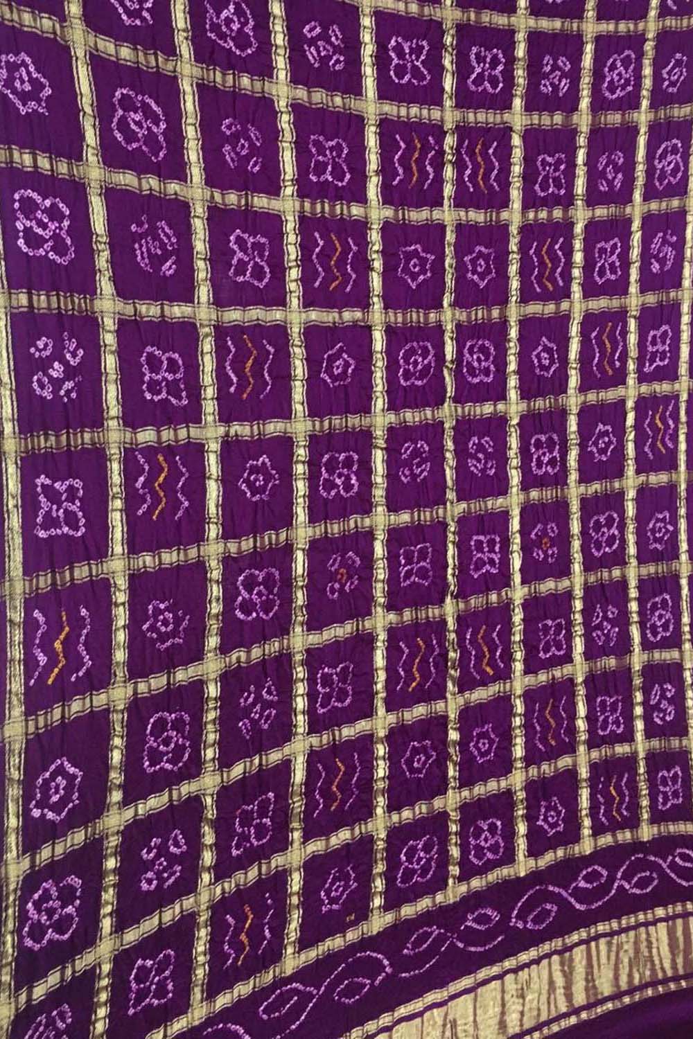 Purple Bandhani Pure Gajji Silk Checks Dupatta - Luxurion World