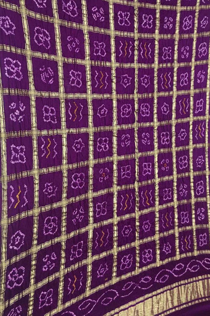 Purple Bandhani Pure Gajji Silk Checks Dupatta - Luxurion World