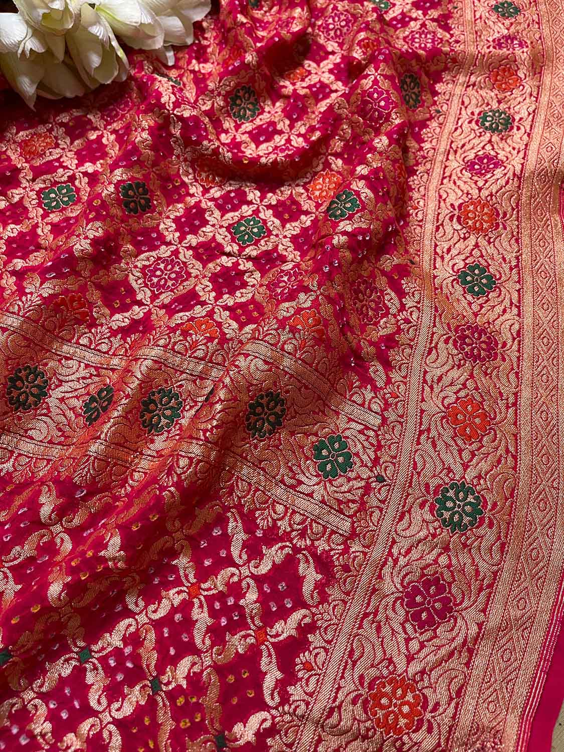 Stunning Pink Banarasi Bandhani Pure Georgette Meenakari Dupatta - Luxurion World