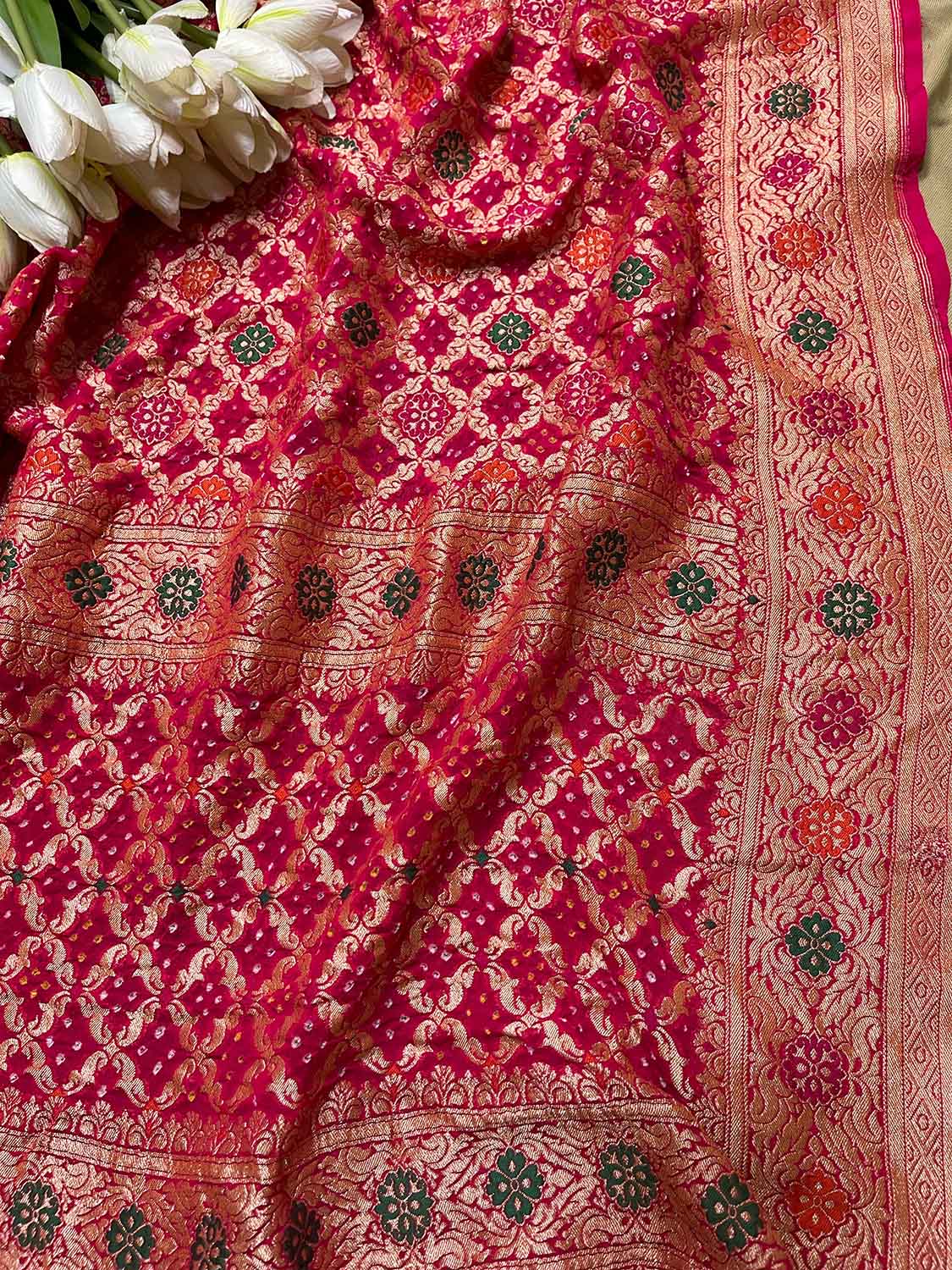 Stunning Pink Banarasi Bandhani Pure Georgette Meenakari Dupatta - Luxurion World