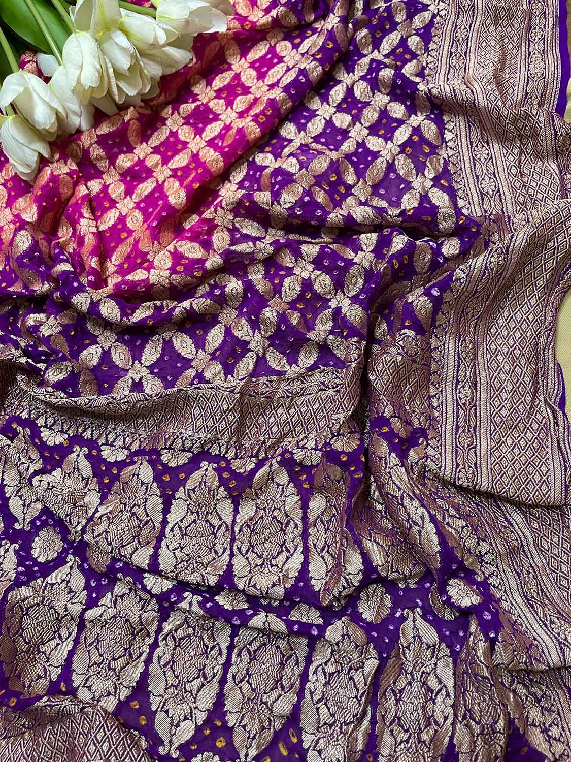 Stunning Purple Banarasi Bandhani Pure Georgette Dupatta - Luxurion World