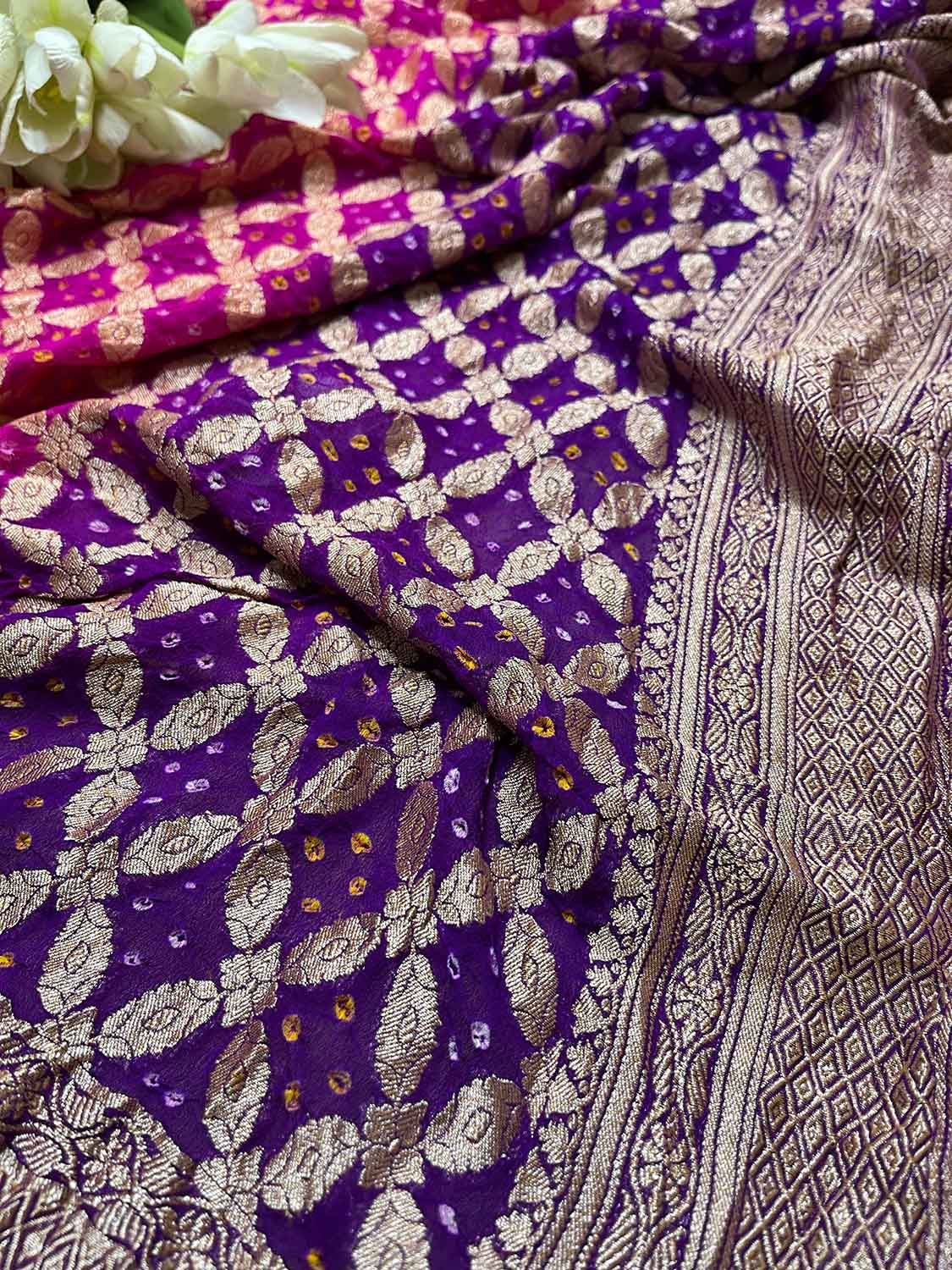 Stunning Purple Banarasi Bandhani Pure Georgette Dupatta - Luxurion World