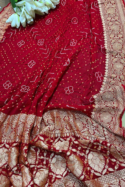 Red Bandhani Pure Georgette Rai Bandhej Dupatta - Luxurion World