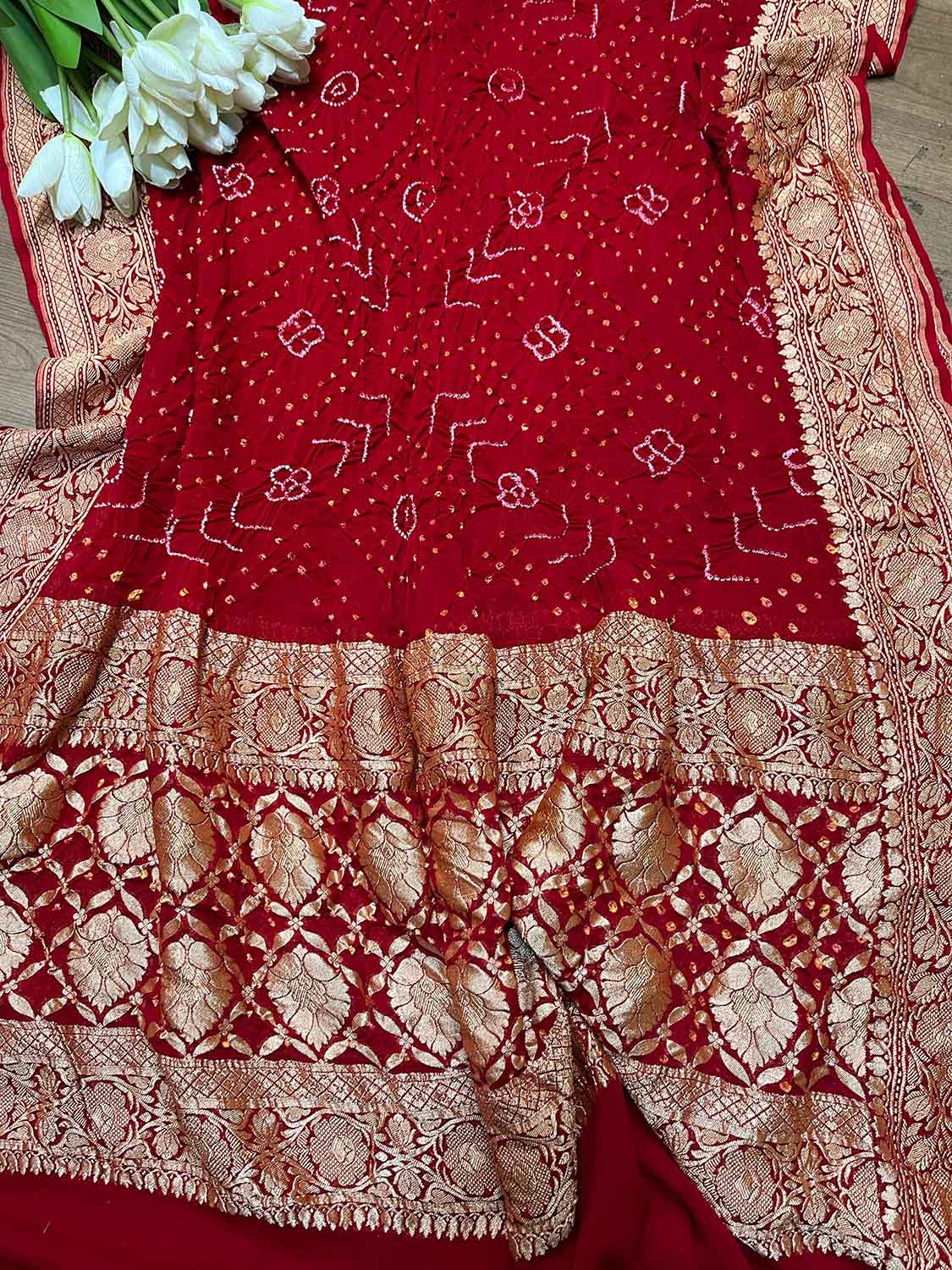 Red Bandhani Pure Georgette Rai Bandhej Dupatta - Luxurion World