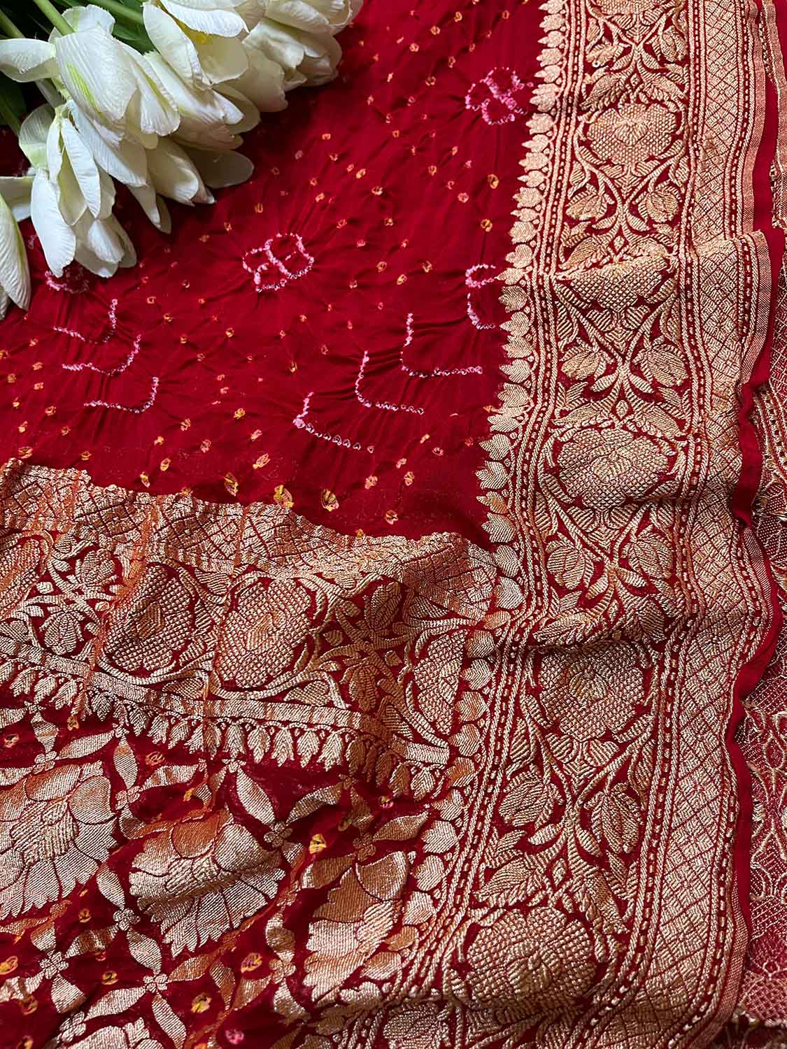 Red Bandhani Pure Georgette Rai Bandhej Dupatta - Luxurion World