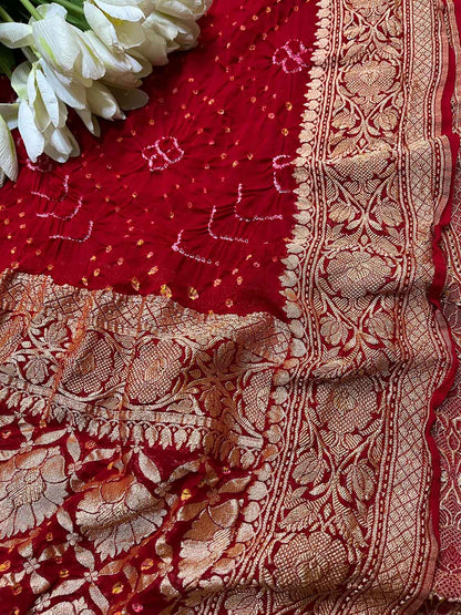 Red Bandhani Pure Georgette Rai Bandhej Dupatta - Luxurion World