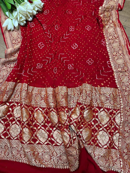 Red Bandhani Pure Georgette Rai Bandhej Dupatta - Luxurion World