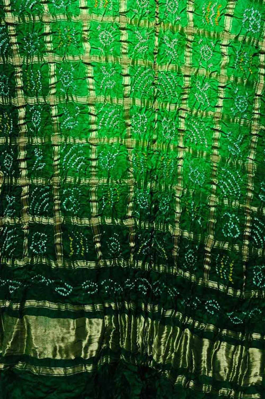 Green Bandhani Pure Gajji Silk Gharchola Design Dupatta - Luxurion World