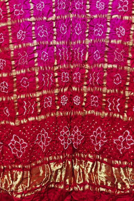 Stunning Pink & Red Bandhani Pure Gajji Silk Gharchola Design Dupatta - Luxurion World