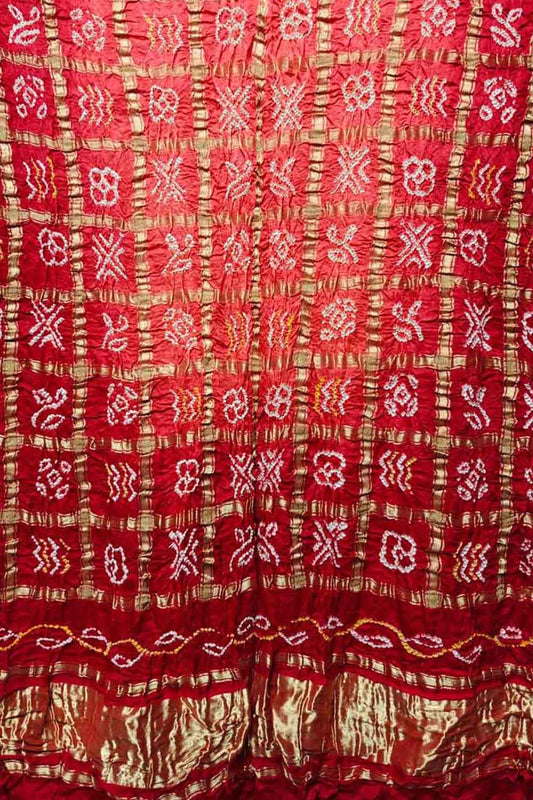 Red Bandhani Pure Gajji Silk Gharchola Design Dupatta - Luxurion World