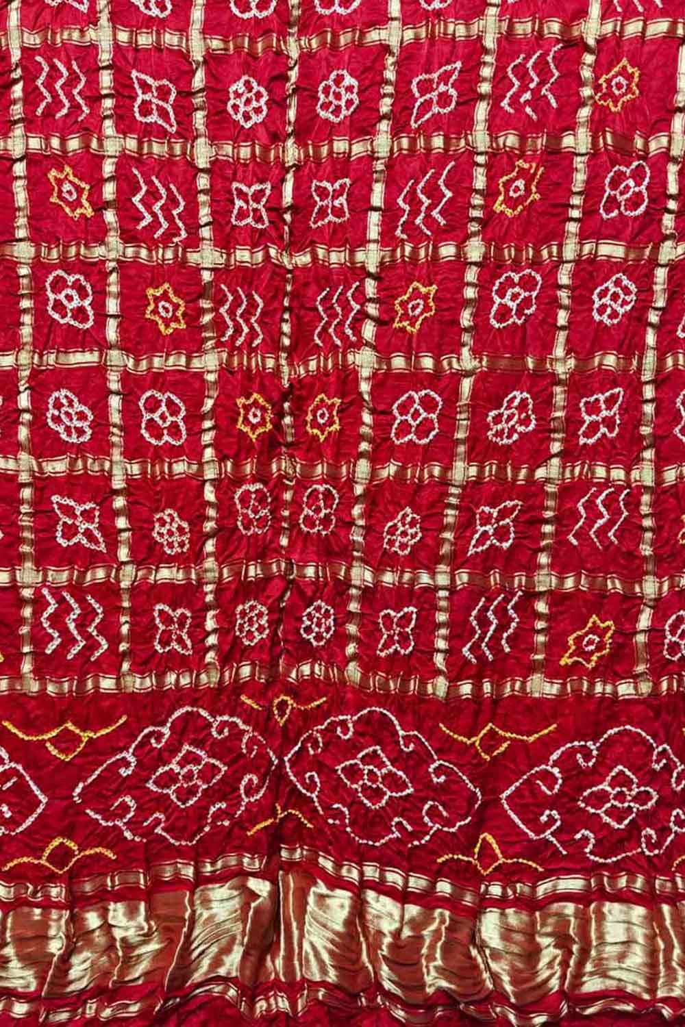 Red Bandhani Pure Gajji Silk Gharchola Design Dupatta - Luxurion World- Crafted Heirlooms
