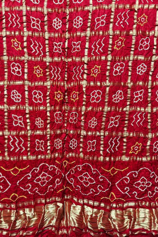Red Bandhani Pure Gajji Silk Gharchola Design Dupatta - Luxurion World