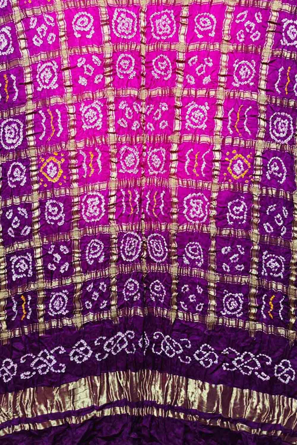 Stunning Pink & Purple Bandhani Pure Gajji Silk Gharchola Design Dupatta - Luxurion World- Crafted Heirlooms