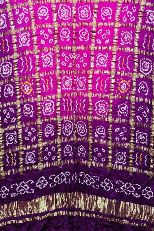 Stunning Pink & Purple Bandhani Pure Gajji Silk Gharchola Design Dupatta - Luxurion World