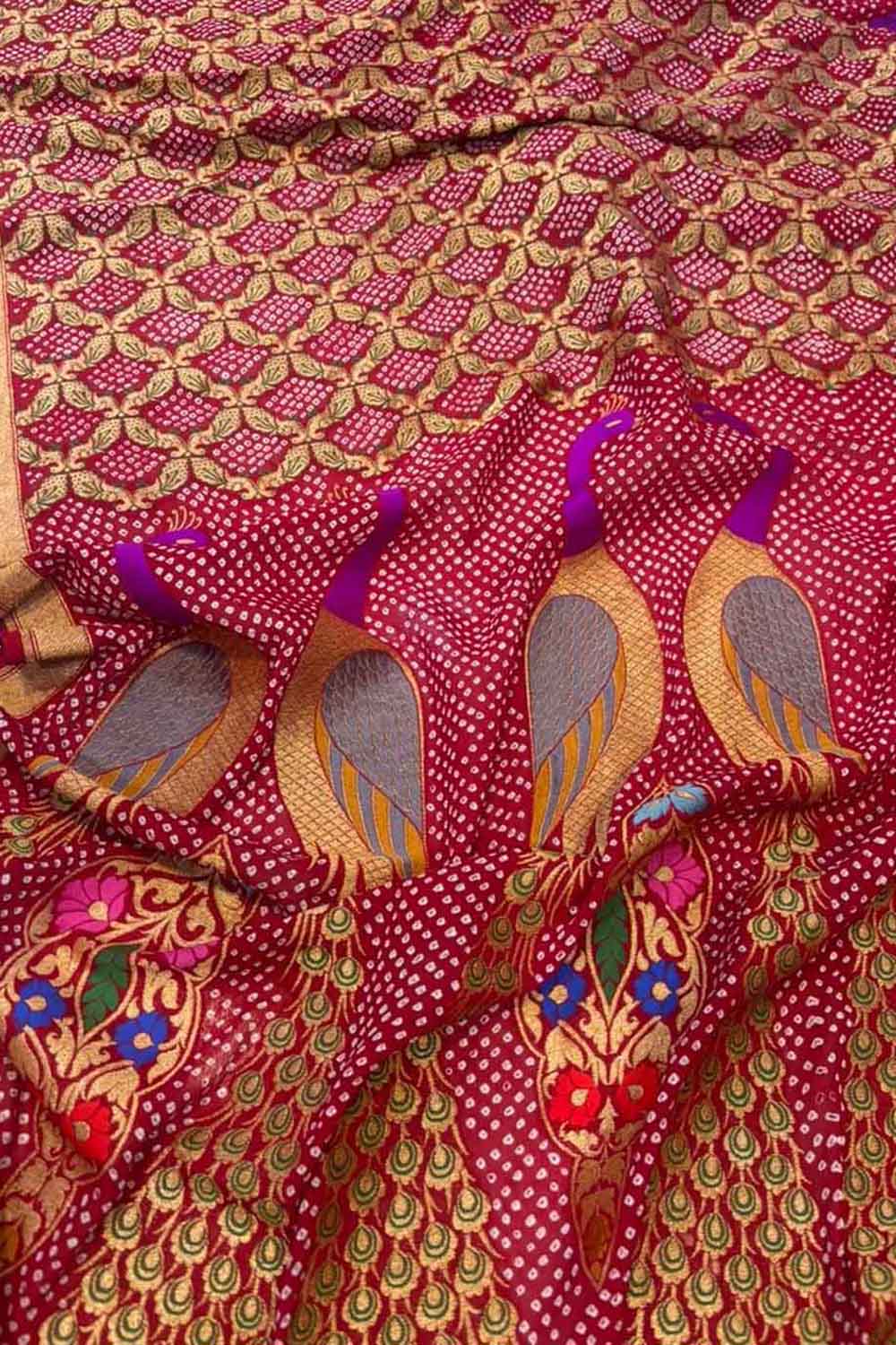 Stunning Pink Pure Georgette Bandhani Banarasi Meenakari Dupatta - Luxurion World- Crafted Heirlooms