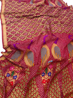 Stunning Pink Pure Georgette Bandhani Banarasi Meenakari Dupatta - Luxurion World- Crafted Heirlooms