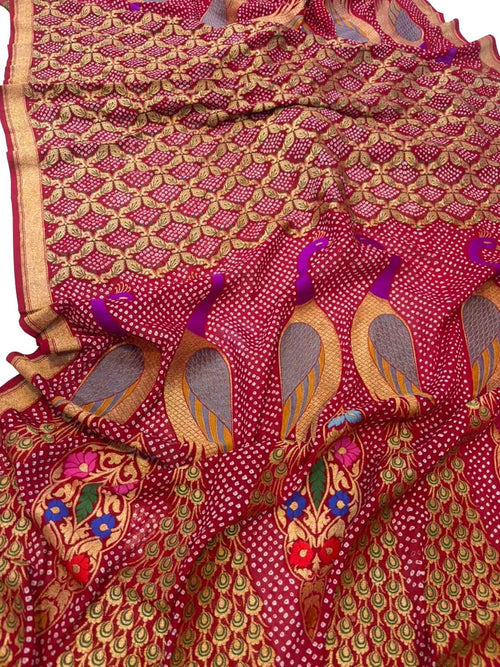 Stunning Pink Pure Georgette Bandhani Banarasi Meenakari Dupatta - Luxurion World- Crafted Heirlooms