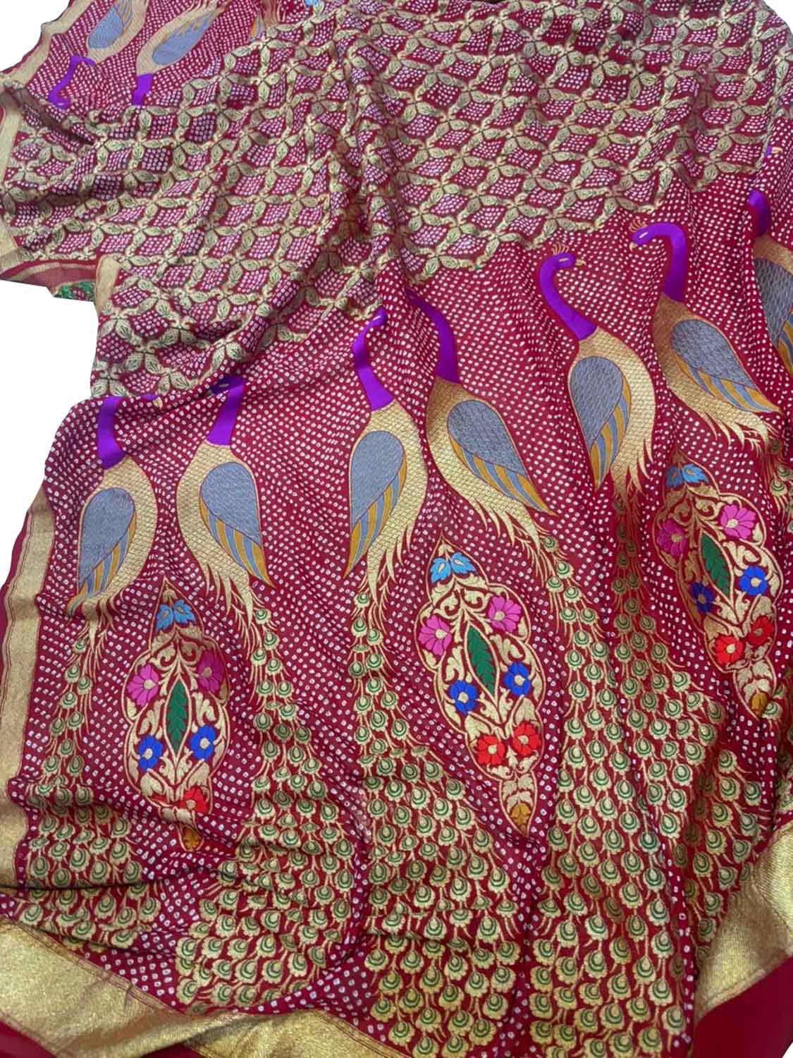 Stunning Pink Pure Georgette Bandhani Banarasi Meenakari Dupatta - Luxurion World- Crafted Heirlooms