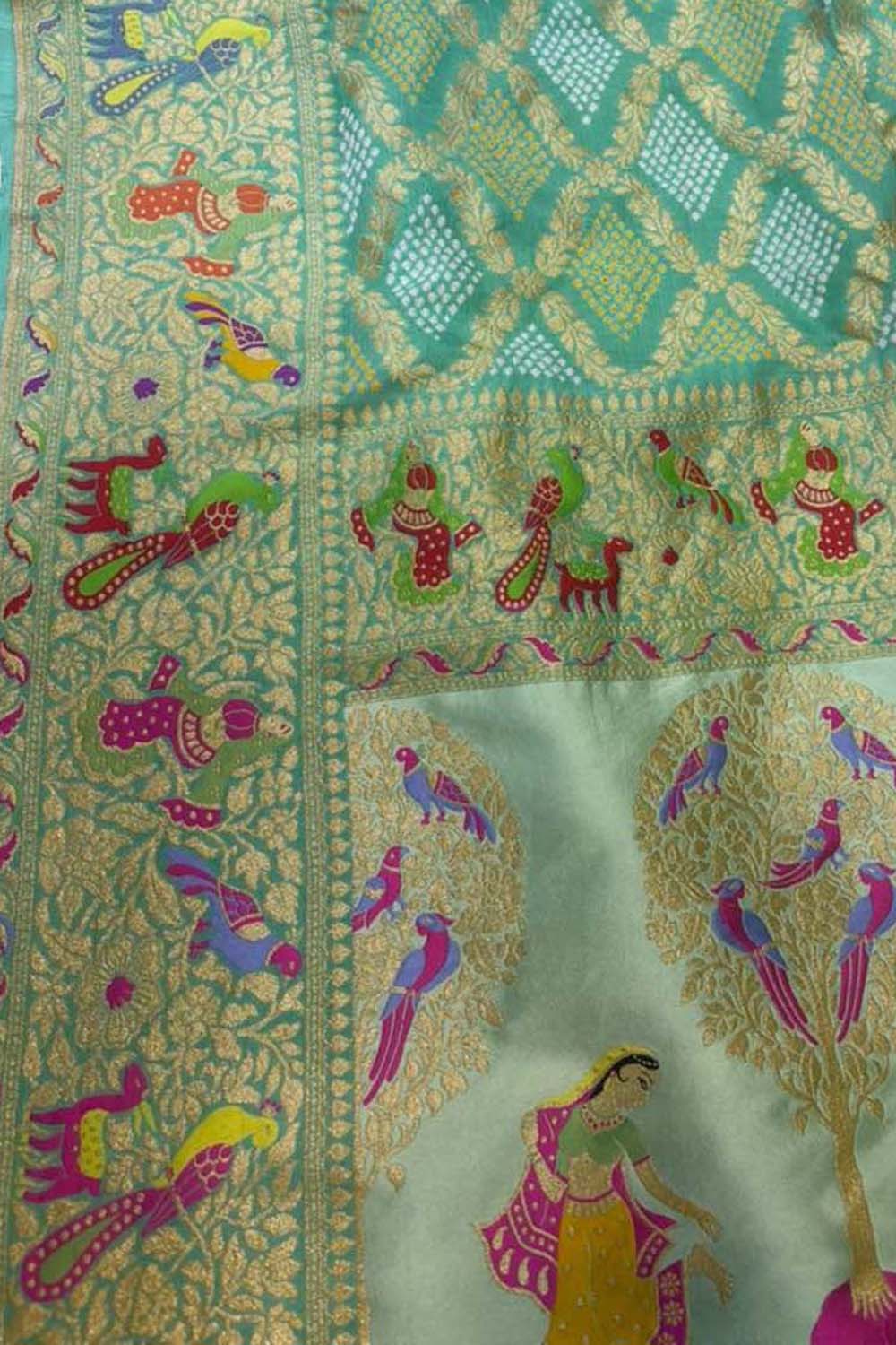Blue Green Pure Georgette Bandhani Banarasi Meenakari Dupatta - Luxurion World- Crafted Heirlooms