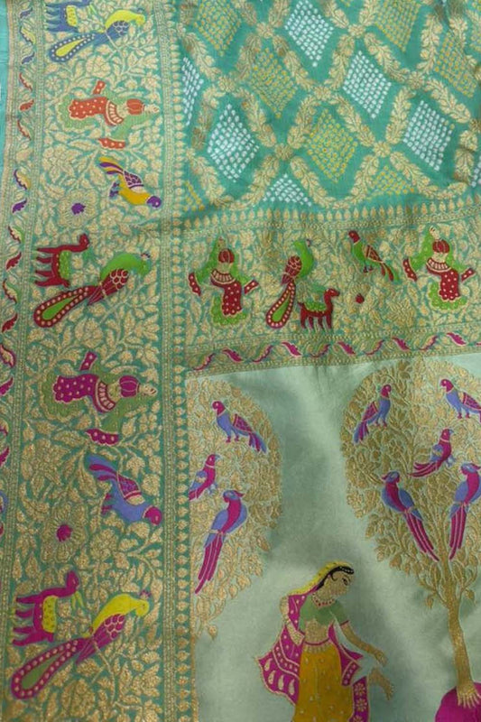 Blue Green Pure Georgette Bandhani Banarasi Meenakari Dupatta - Luxurion World