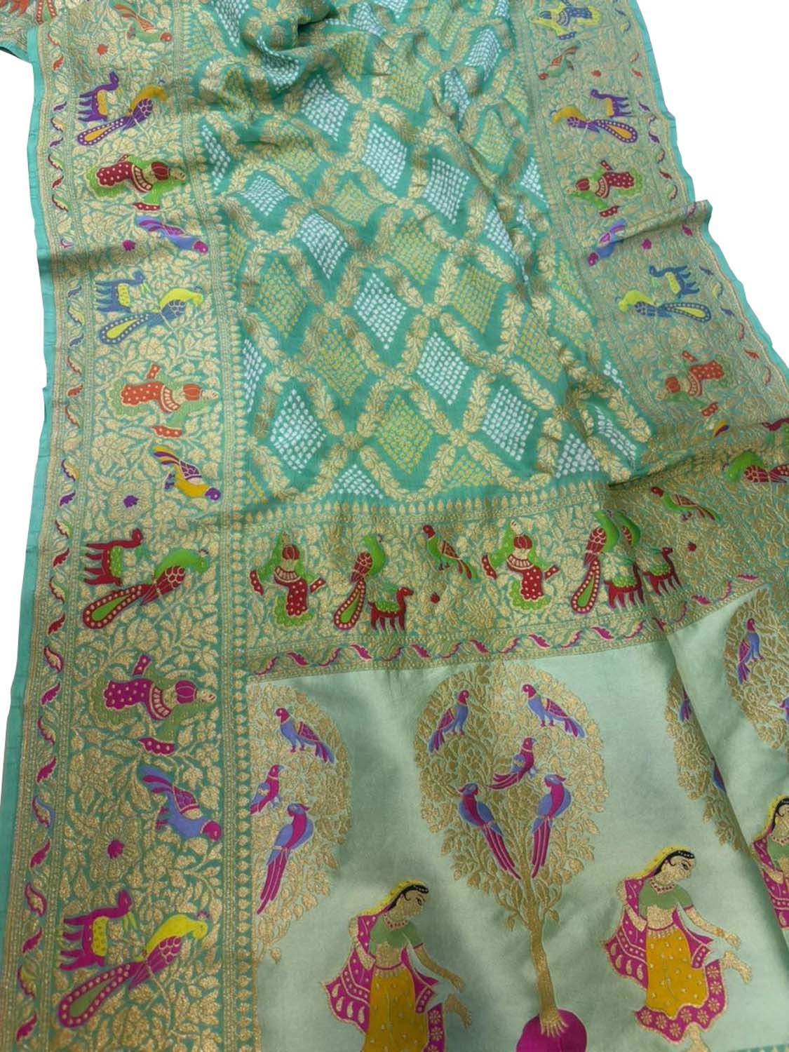 Blue Green Pure Georgette Bandhani Banarasi Meenakari Dupatta - Luxurion World- Crafted Heirlooms